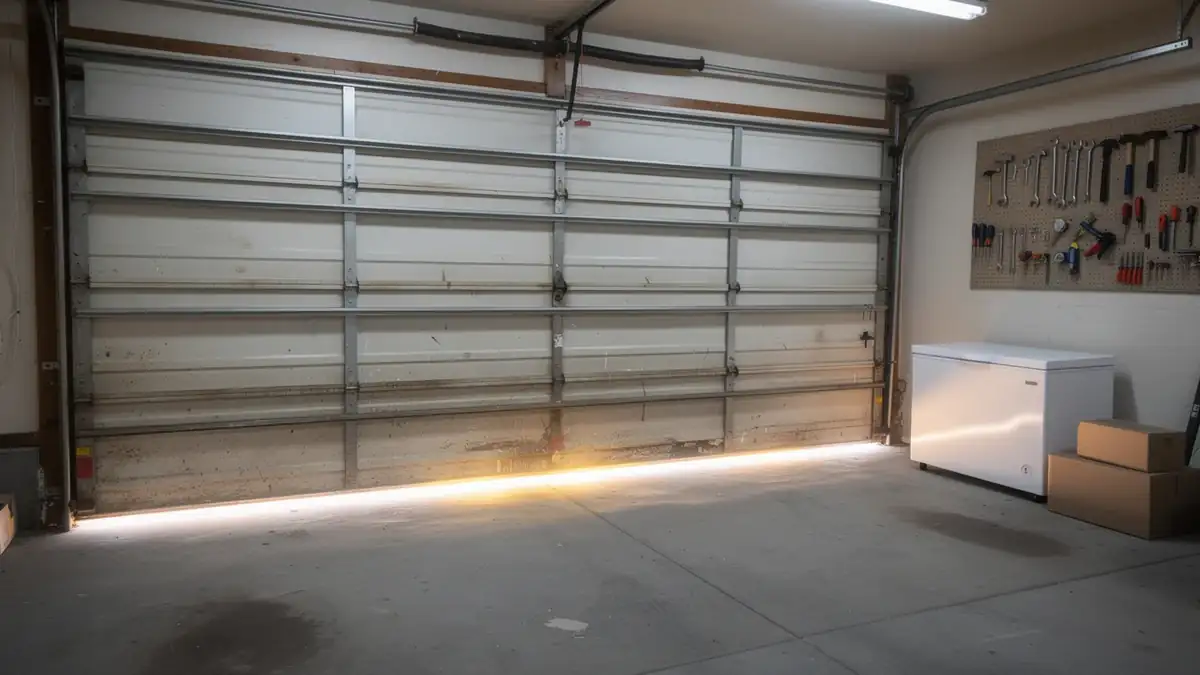 The white garage door is slightly open, showing light from outside.