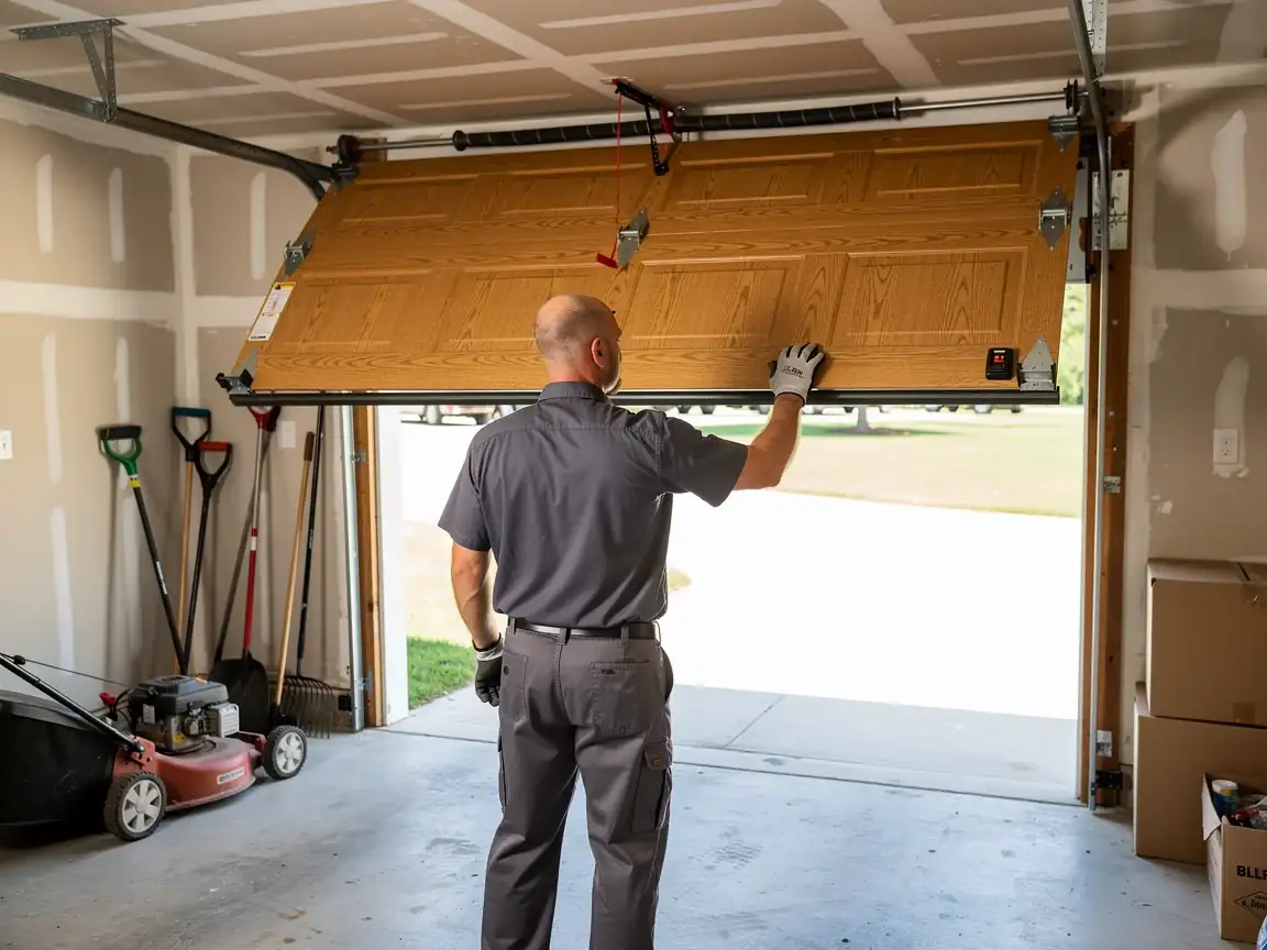 A technician in a gray uniform is adjusting a brown garage door.