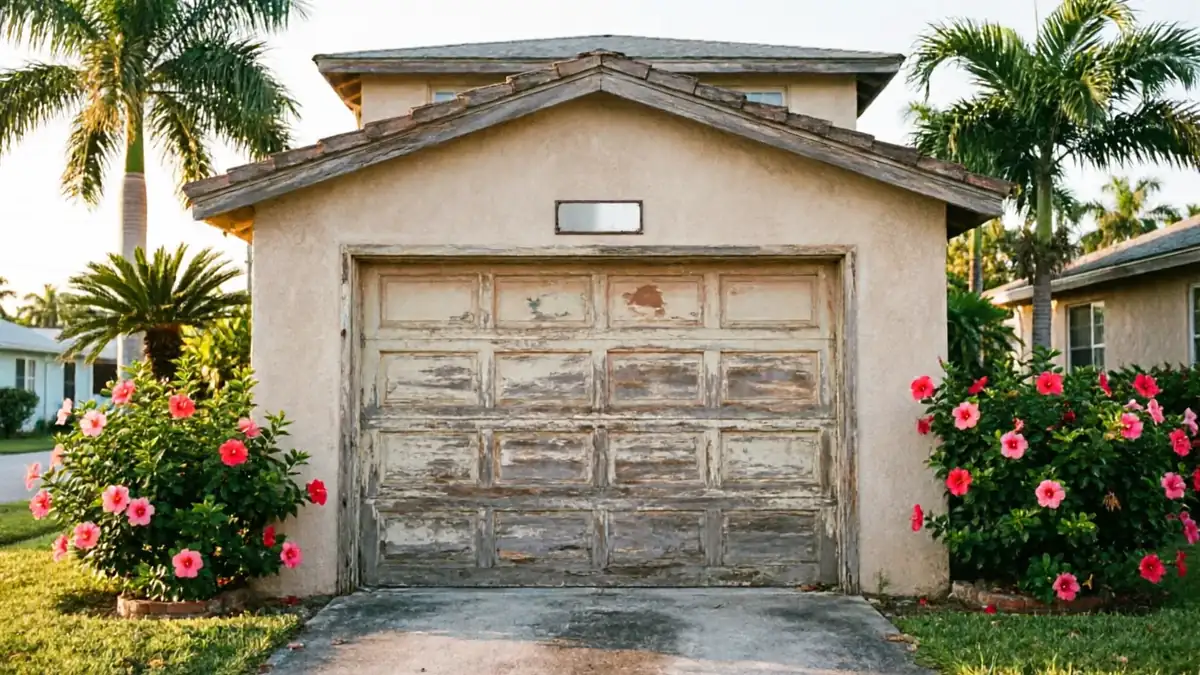 The house has a peeling garage door and two hibiscus bushes with pink flowers.