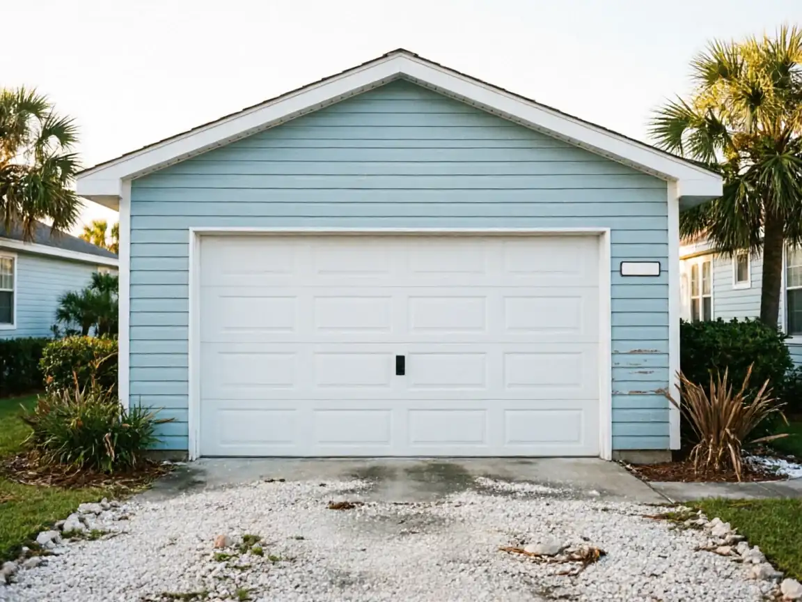 A white garage door is on a light blue house with a gravel driveway.