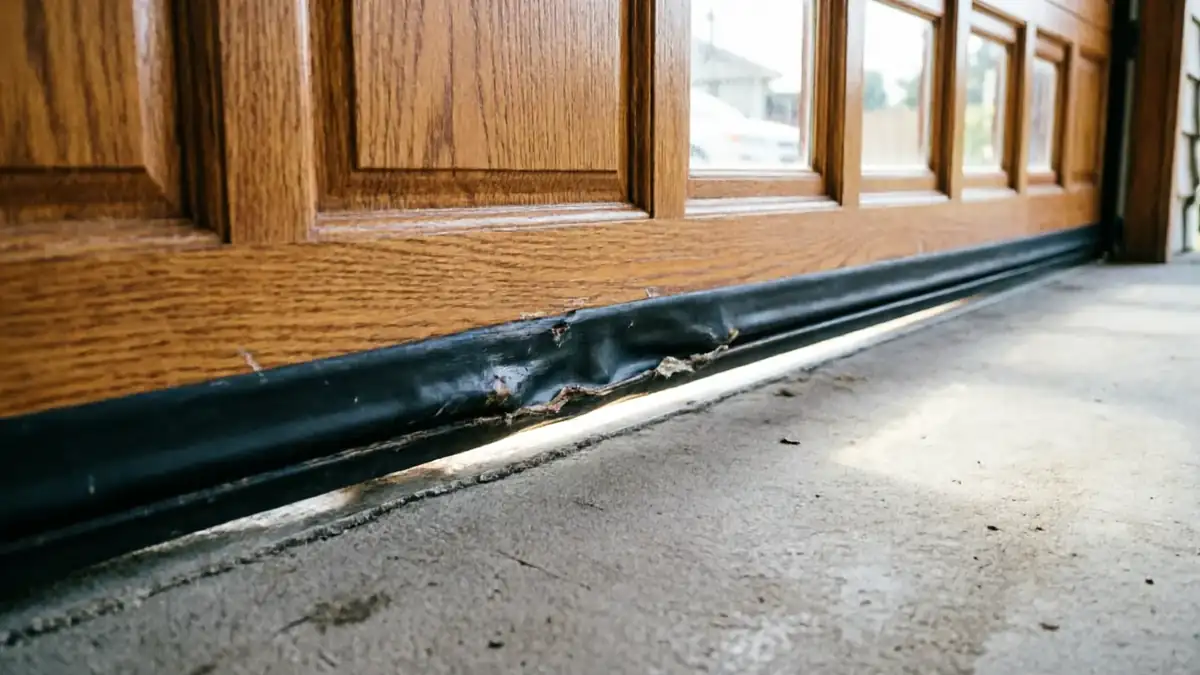 The garage door bottom seal is damaged and has a gap underneath.